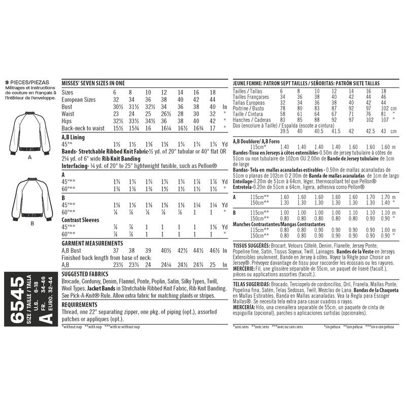 Patron New Look 6545 - Veste