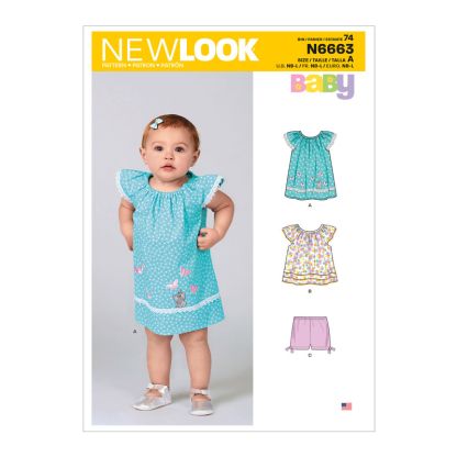 Patron New Look 6663 - Robe pour bébé, haut avec appliques et garnitures et pantalon avec nœuds à l'ourlet
