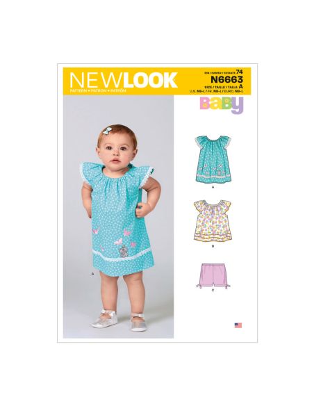 Patron New Look 6663 - Robe pour bébé, haut avec appliques et garnitures et pantalon avec nœuds à l'ourlet