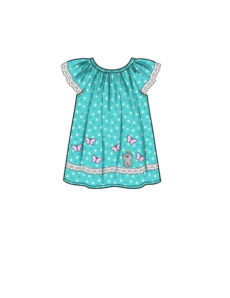 Patron New Look 6663 - Robe pour bébé, haut avec appliques et garnitures et pantalon avec nœuds à l'ourlet