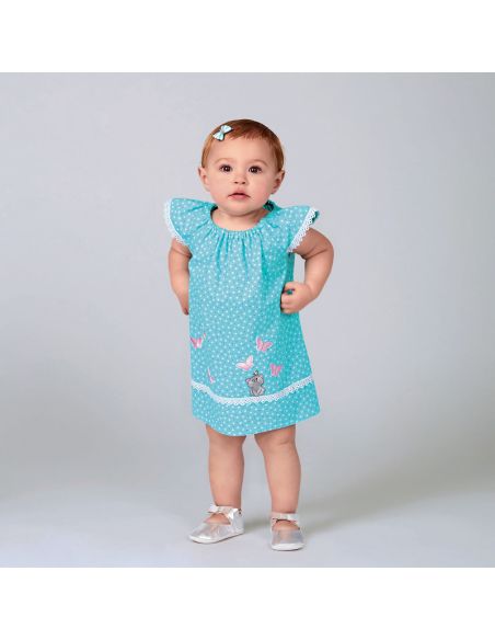 Patron New Look 6663 - Robe pour bébé, haut avec appliques et garnitures et pantalon avec nœuds à l'ourlet