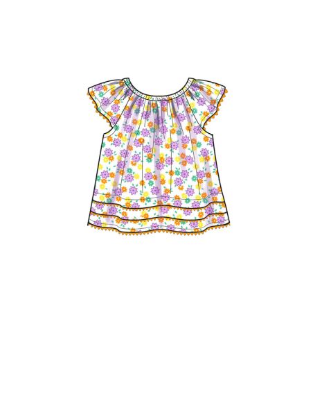 Patron New Look 6663 - Robe pour bébé, haut avec appliques et garnitures et pantalon avec nœuds à l'ourlet