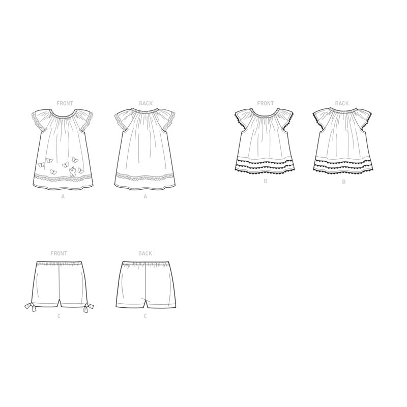 Patron New Look 6663 - Robe pour bébé, haut avec appliques et garnitures et pantalon avec nœuds à l'ourlet