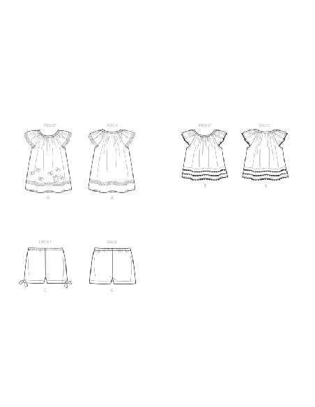 Patron New Look 6663 - Robe pour bébé, haut avec appliques et garnitures et pantalon avec nœuds à l'ourlet