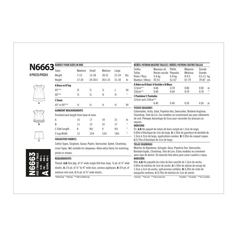 Patron New Look 6663 - Robe pour bébé, haut avec appliques et garnitures et pantalon avec nœuds à l'ourlet