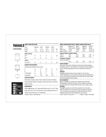 Patron New Look 6663 - Robe pour bébé, haut avec appliques et garnitures et pantalon avec nœuds à l'ourlet