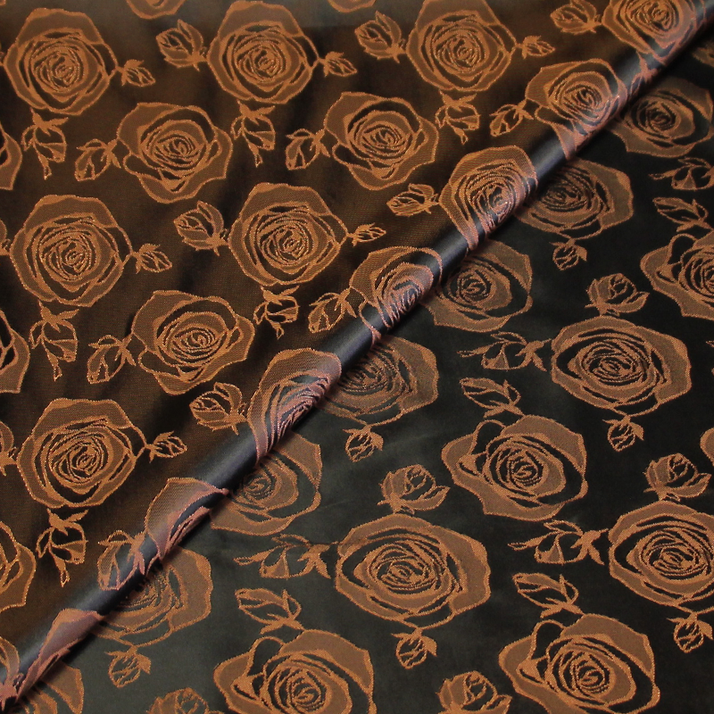 Doublure satin jacquard - Fleuri orangé fond noir