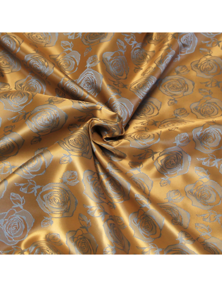 Doublure satin jacquard - Fleuri ciel fond doré