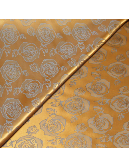 Doublure satin jacquard - Fleuri ciel fond doré