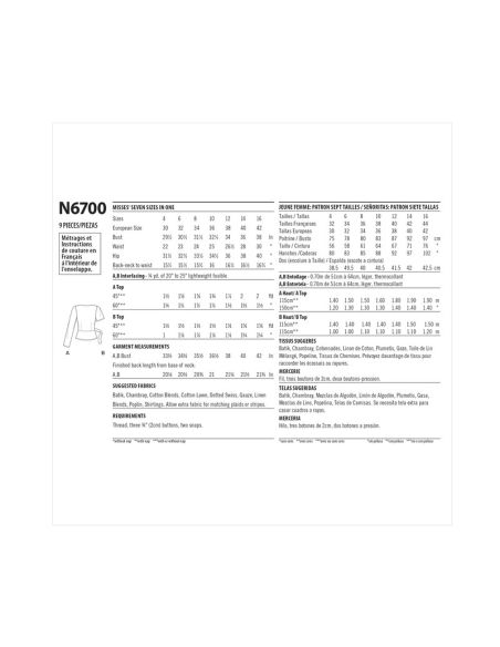 Patron New Look 6700 - Top croisé boutonné et basque taille