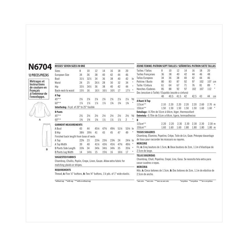 Patron New Look 6704 - Ensemble Blouse col montant et Pantalon bouffant