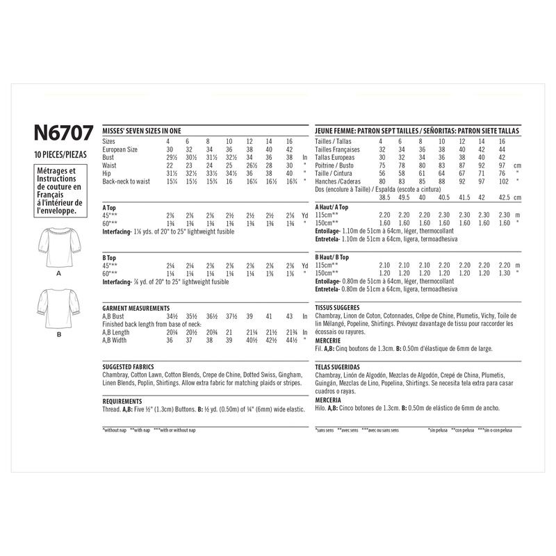 Patron New Look 6707 - Chemisier Femme avec ou sans col et manches bouffantes