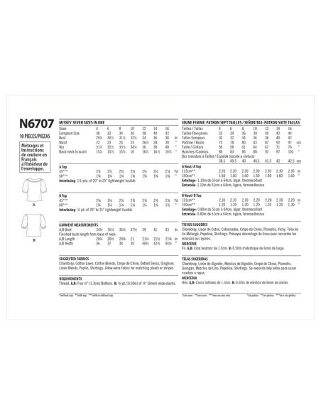 Patron New Look 6707 - Chemisier Femme avec ou sans col et manches bouffantes