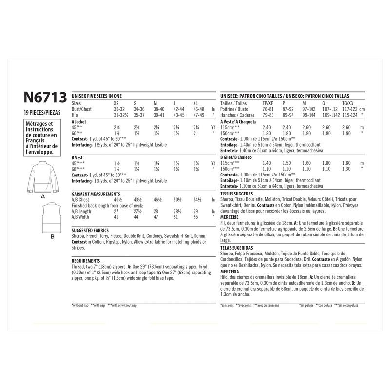 Patron New Look 6713 - Veste zippée Unisex avec ou sans manches