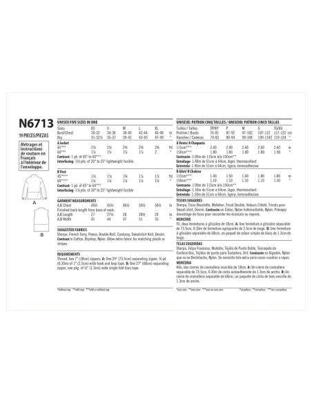 Patron New Look 6713 - Veste zippée Unisex avec ou sans manches