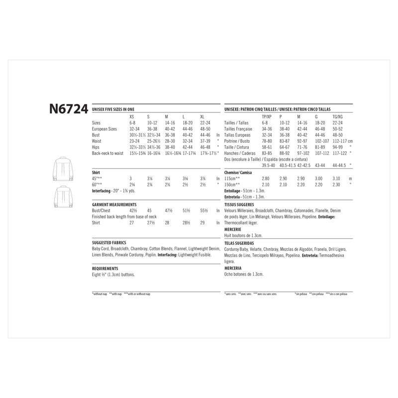 Patron New Look 6724 - Chemise boutonnée unisexe