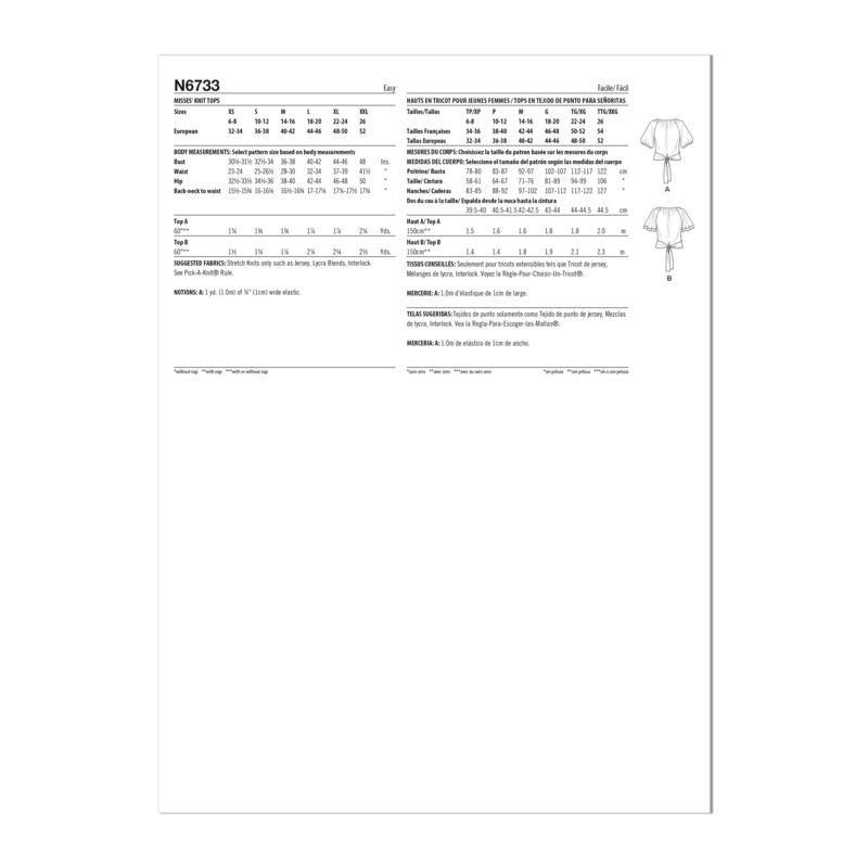 Patron New Look 6733 - Hauts cache cœur ou col rond