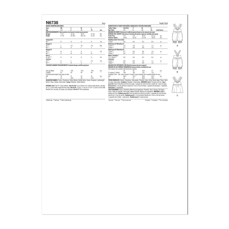 Patron New Look 6738 - Barboteuses et tobe pour bébés