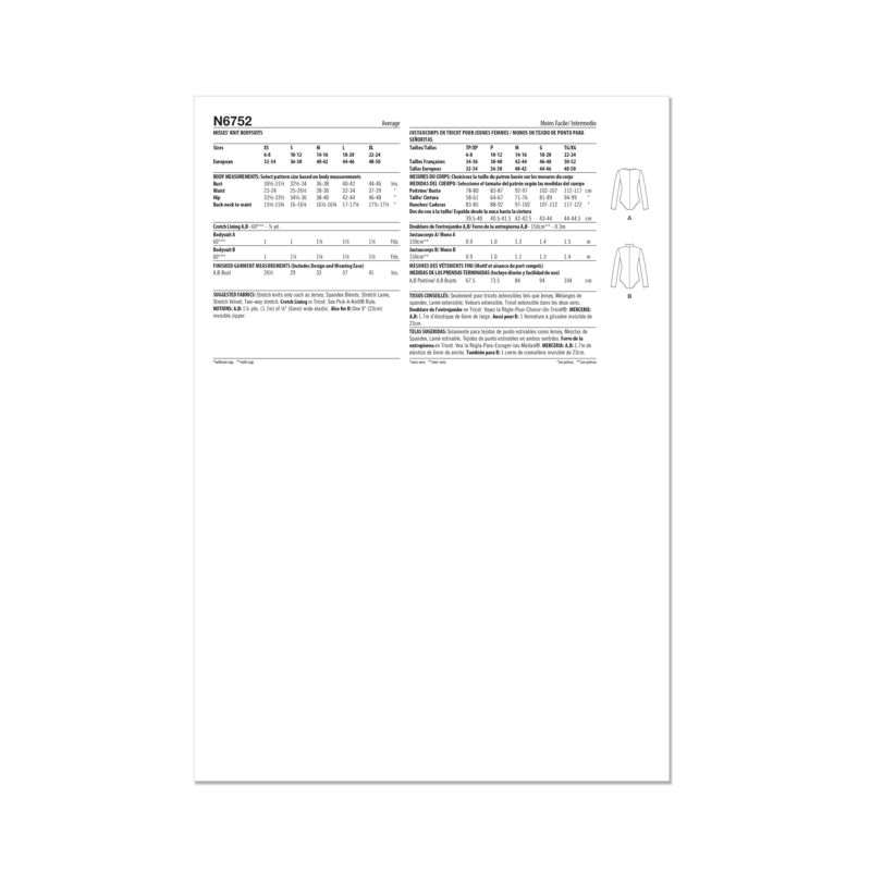 Patron New Look 6752 - Body à manches longues