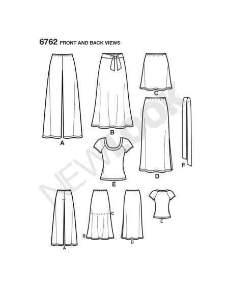 Patron New Look 6762 - Ensemble jupe/pantalon, Tee-Shirt