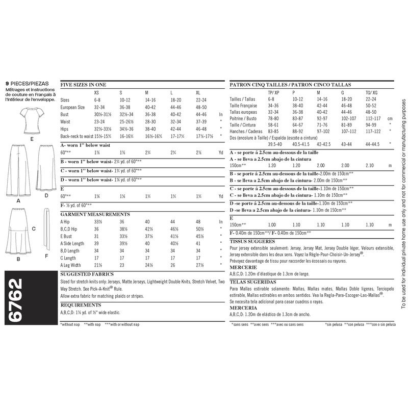 Patron New Look 6762 - Ensemble jupe/pantalon, Tee-Shirt