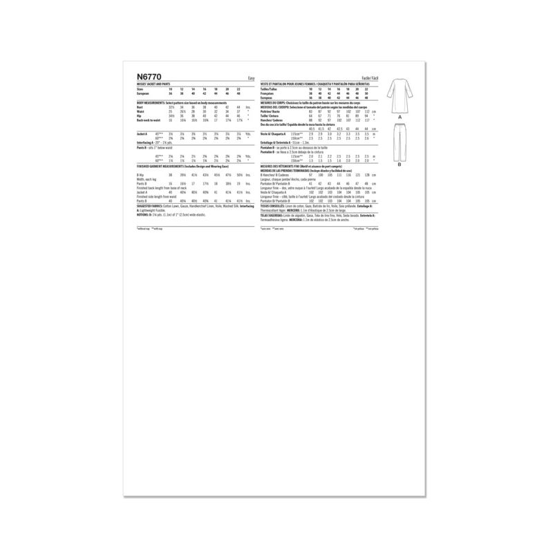 Patron New Look 6770 - Veste et pantalon