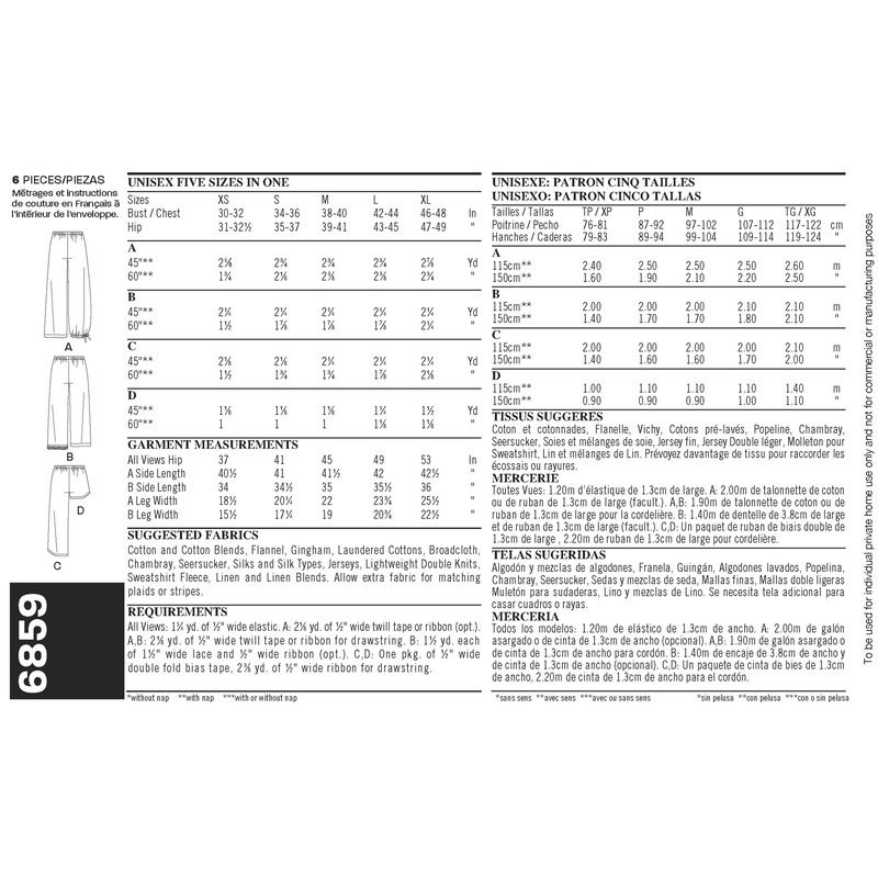 Patron New Look 6859 - Pantalon, pantacour, short