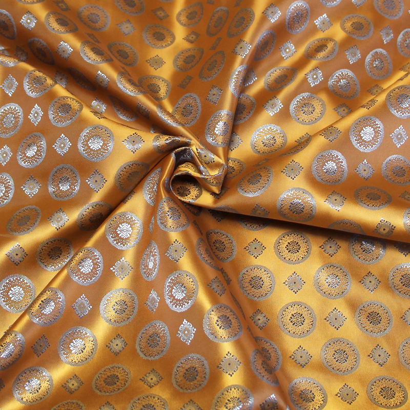 Doublure satin jacquard - Rond & carré ciel fond moutarde