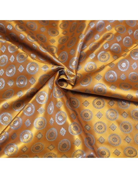 Doublure satin jacquard - Rond & carré ciel fond moutarde