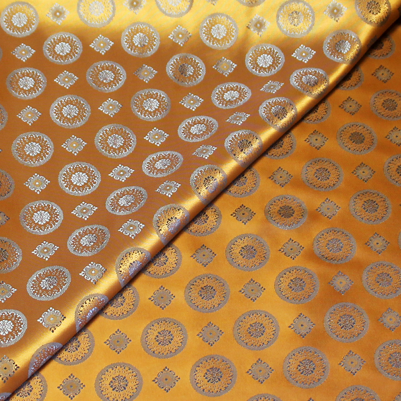 Doublure satin jacquard - Rond & carré ciel fond moutarde