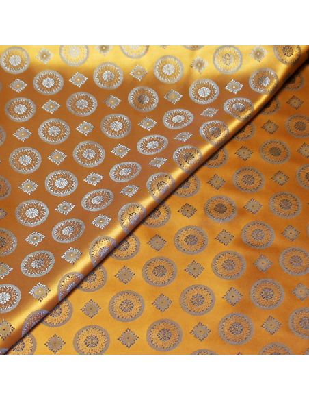 Doublure satin jacquard - Rond & carré ciel fond moutarde
