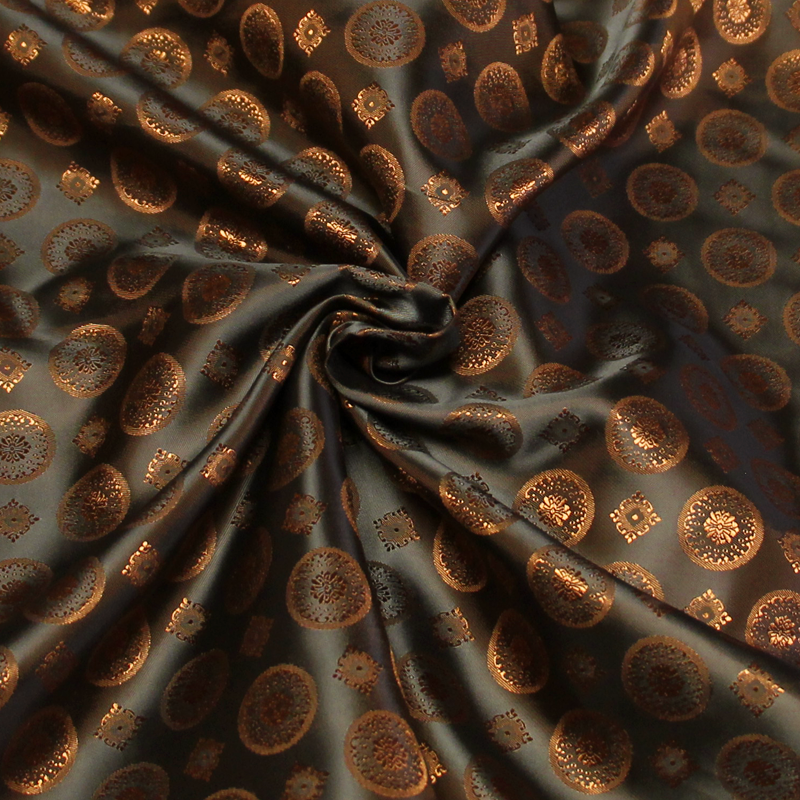 Doublure satin jacquard - Rond & carré caramel fond vert foncé
