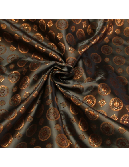 Doublure satin jacquard - Rond & carré caramel fond vert foncé