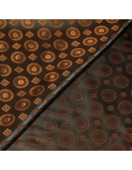 Doublure satin jacquard - Rond & carré caramel fond vert foncé