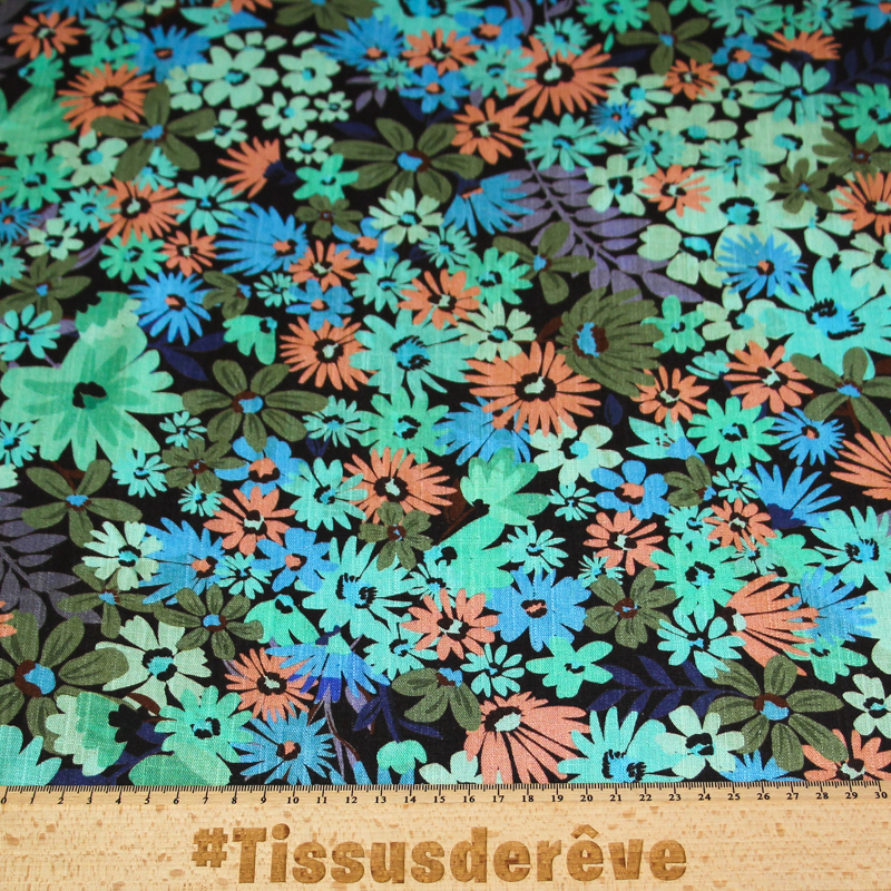 Étoffe de lin & viscose - Fleur coloré fond marron