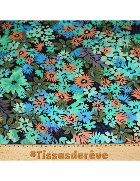 Étoffe de lin & viscose - Fleur coloré fond marron