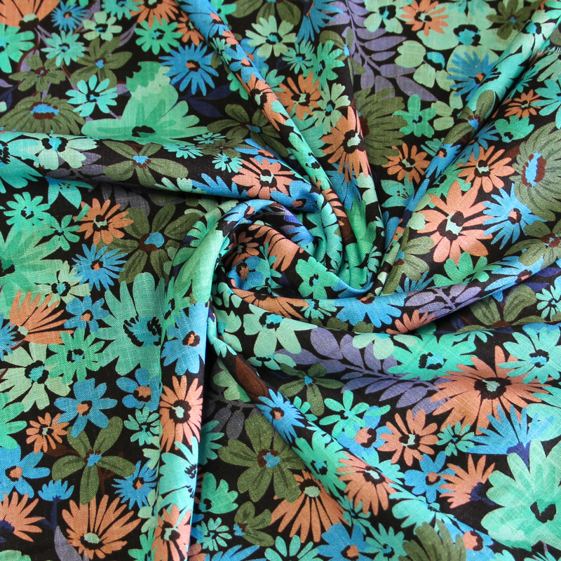 Étoffe de lin & viscose - Fleur coloré fond marron