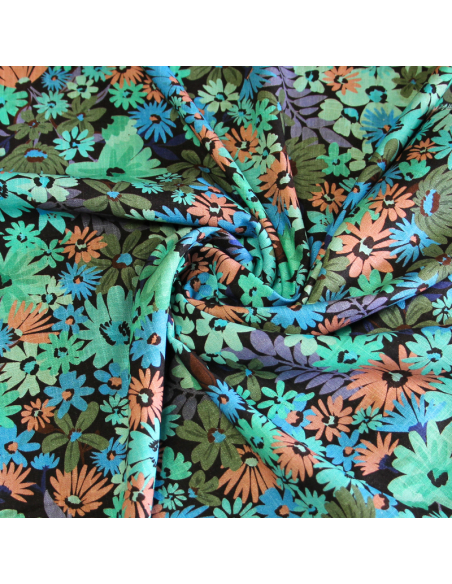 Étoffe de lin & viscose - Fleur coloré fond marron
