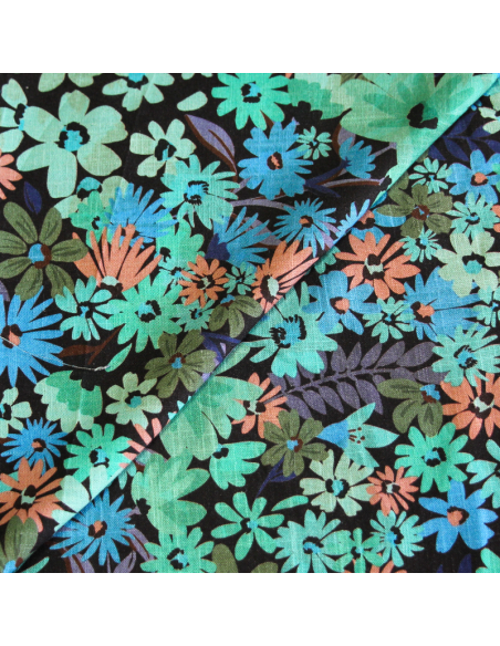 Étoffe de lin & viscose - Fleur coloré fond marron