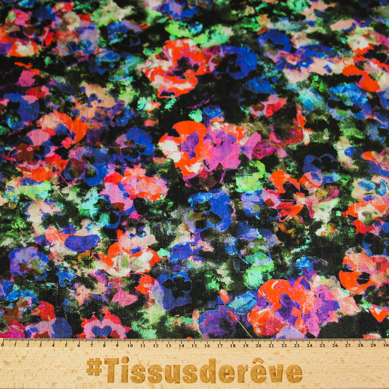 Étoffe de lin & viscose - Fleur aquarelle ton bleu et rouge