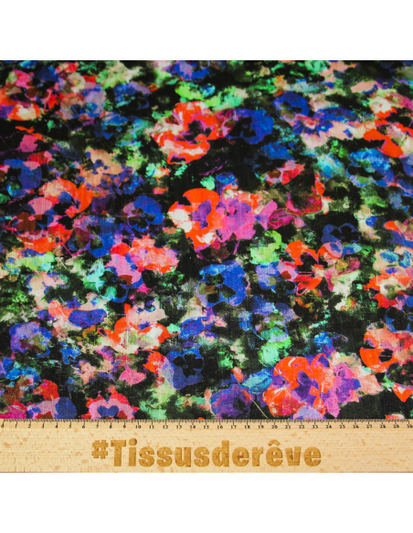 Étoffe de lin & viscose - Fleur aquarelle ton bleu et rouge