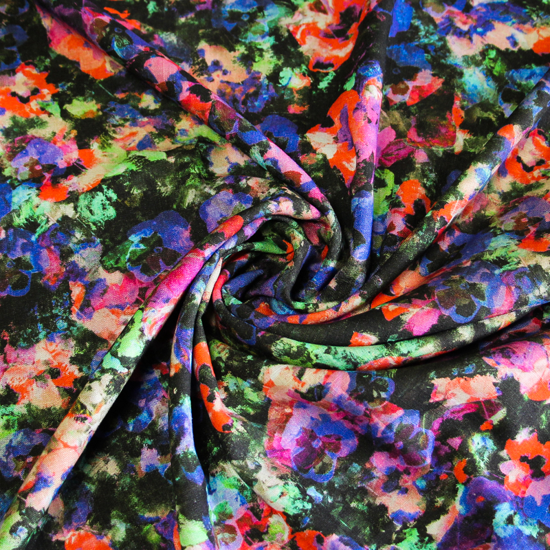 Étoffe de lin & viscose - Fleur aquarelle ton bleu et rouge