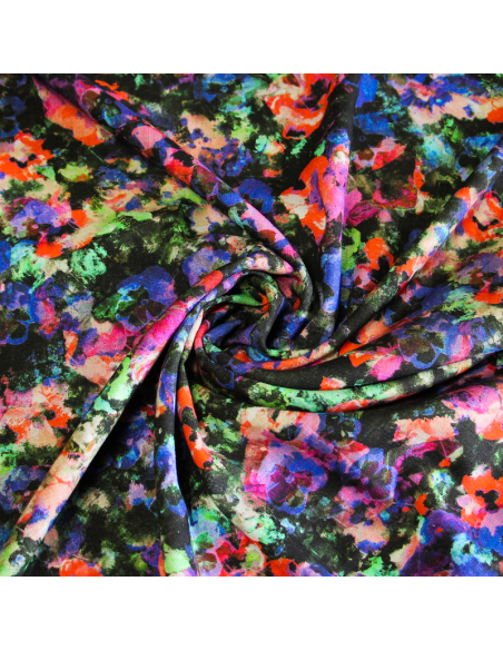 Étoffe de lin & viscose - Fleur aquarelle ton bleu et rouge