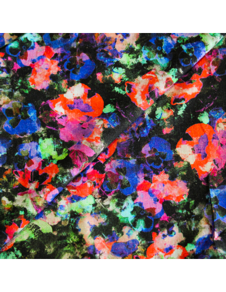 Étoffe de lin & viscose - Fleur aquarelle ton bleu et rouge