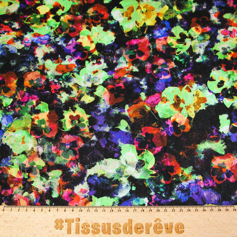 Étoffe de lin & viscose - Fleur aquarelle ton vert et rose