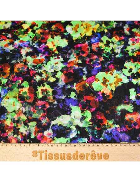 Étoffe de lin & viscose - Fleur aquarelle ton vert et rose