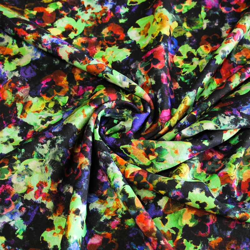 Étoffe de lin & viscose - Fleur aquarelle ton vert et rose