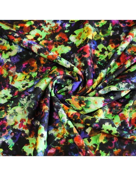 Étoffe de lin & viscose - Fleur aquarelle ton vert et rose