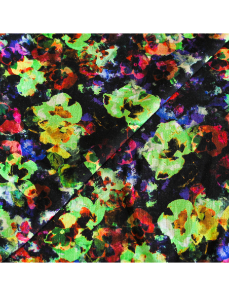 Étoffe de lin & viscose - Fleur aquarelle ton vert et rose