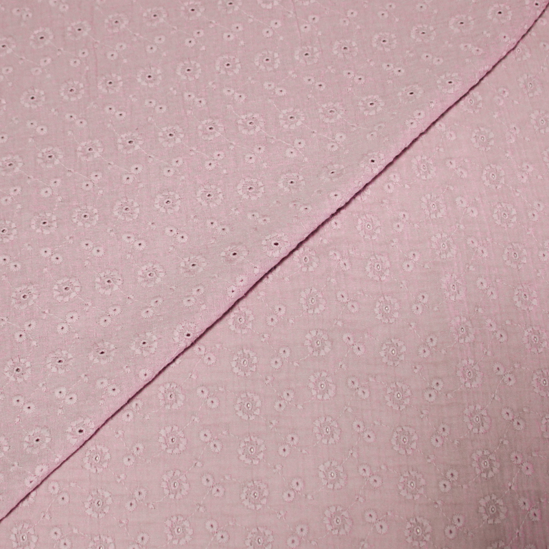 Double gaze 100% coton brodée fleuri - Rose